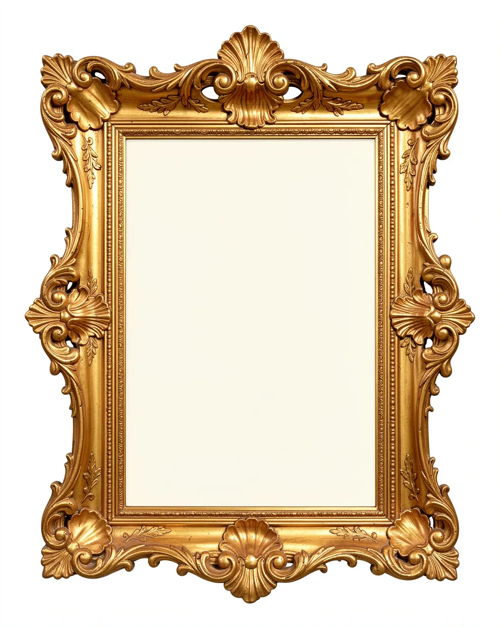 Empty ornate gilded baroque frame with shell and scroll carvings surrounds a blank ivory panel