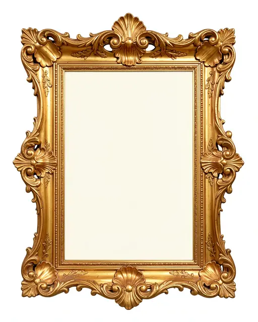 Empty ornate gilded baroque frame with shell and scroll carvings surrounds a blank ivory panel
