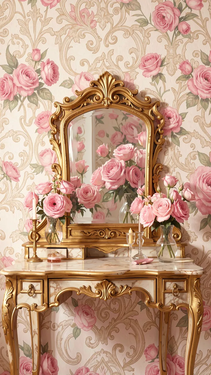 A painterly coquette scene of a gilded vanity mirror reflecting pink roses against rose patterned wallpaper
