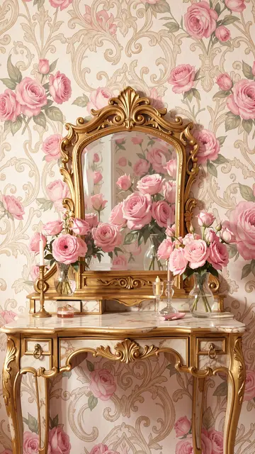 A painterly coquette scene of a gilded vanity mirror reflecting pink roses against rose patterned wallpaper
