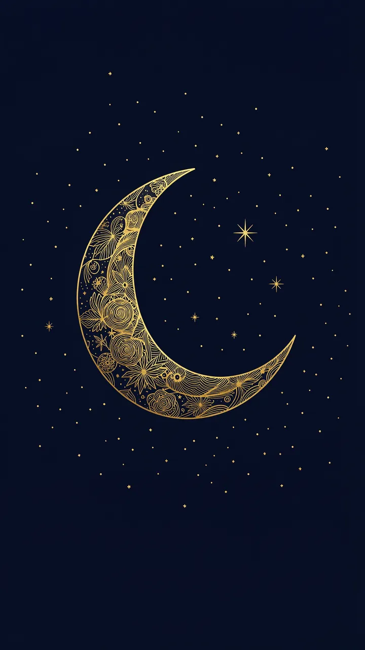 Fine line art gold crescent moon and tiny golden stars against a deep navy background