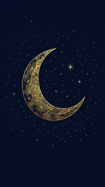 Fine line art gold crescent moon and tiny golden stars against a deep navy background