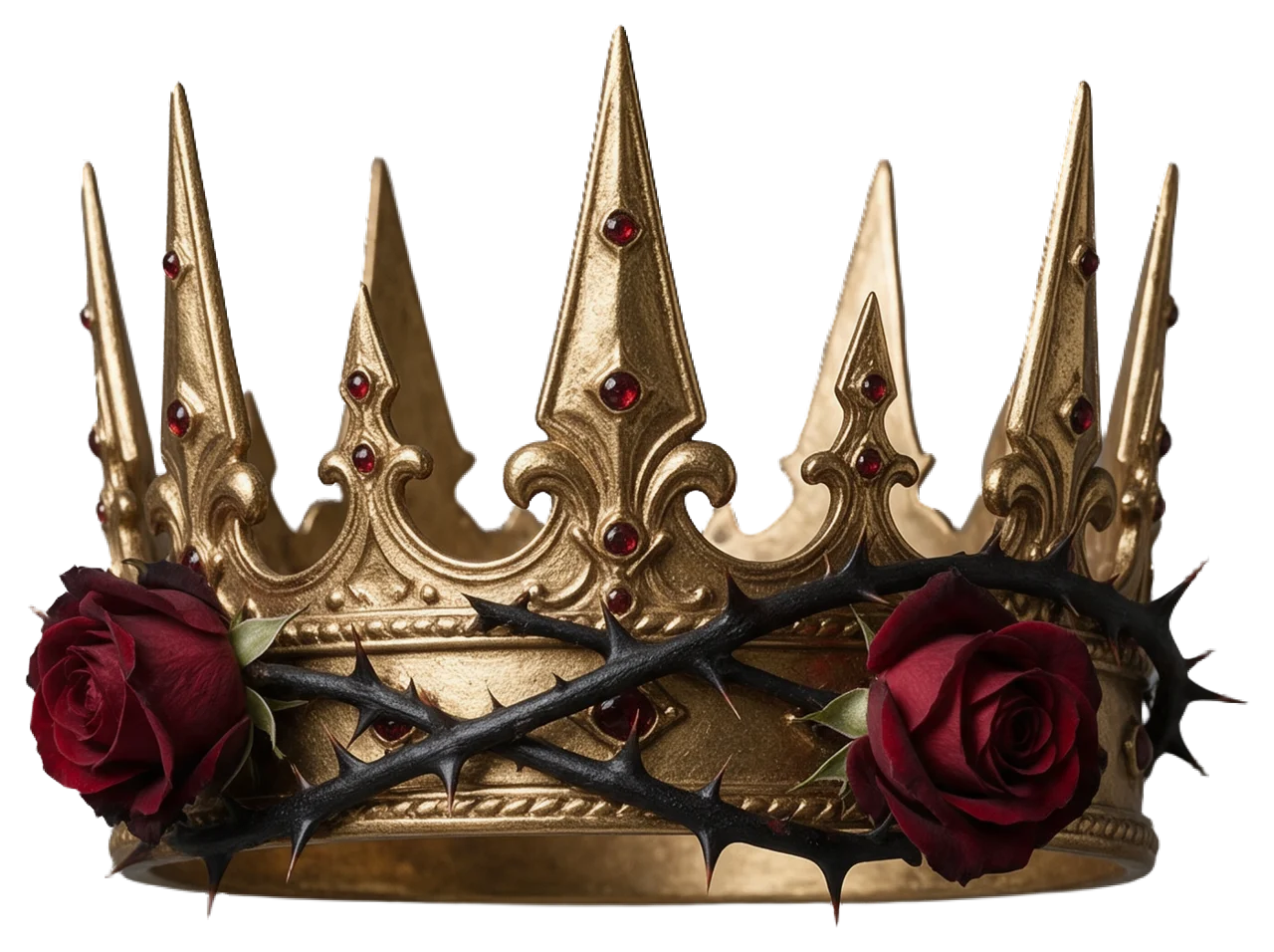 Antique ornate gold crown set with red gems wrapped in thorny black rose stems and dark red roses