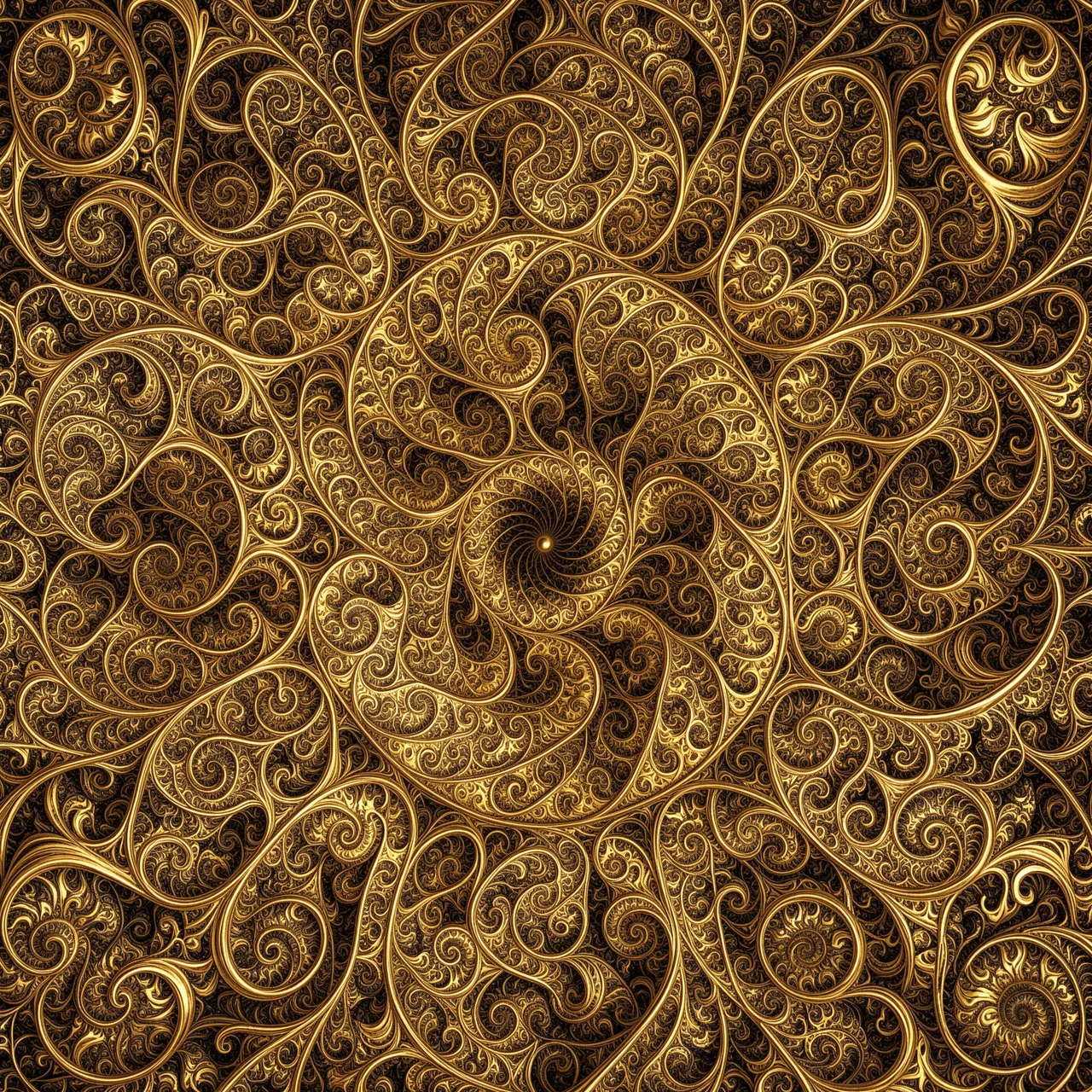 A detailed symmetrical fractal pattern of interwoven golden spirals against a dark brown background