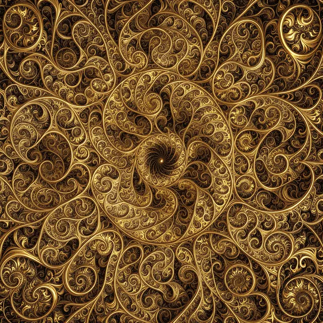 A detailed symmetrical fractal pattern of interwoven golden spirals against a dark brown background