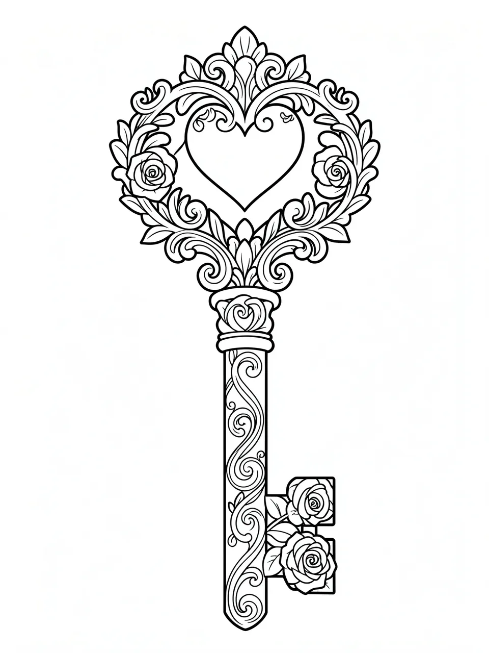 Black and white line art of an ornate skeleton key with a heart bow and rose details on a plain white background