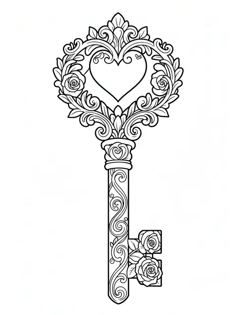Black and white line art of an ornate skeleton key with a heart bow and rose details on a plain white background