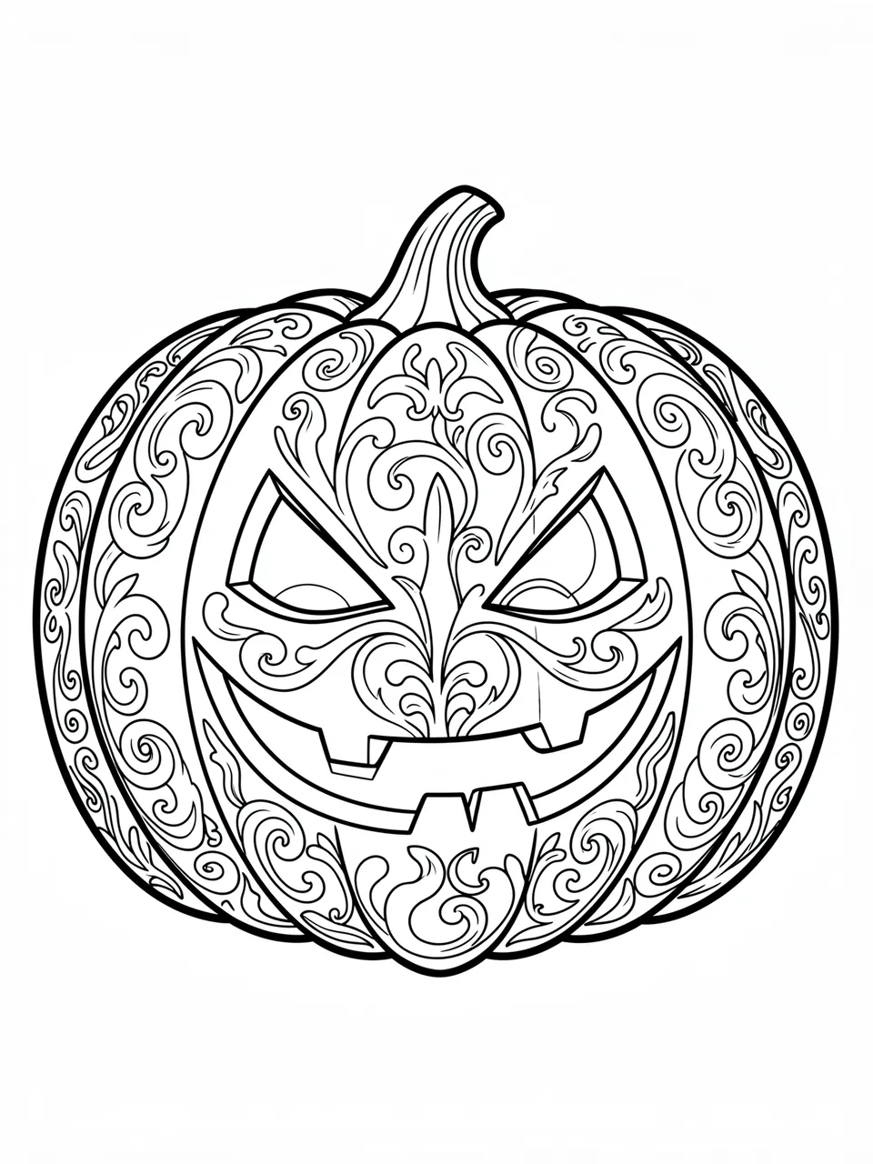 Black and white line art of an intricately swirling carved jack-o'-lantern on a plain white background