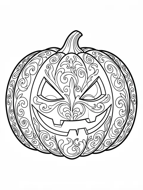 Black and white line art of an intricately swirling carved jack-o'-lantern on a plain white background