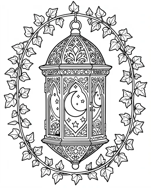 Black and white line art of an ornate lantern with moon and star cutouts framed by ivy on a white background