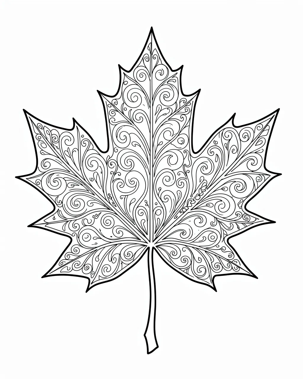 Black and white intricate line art of a maple leaf filled with swirling ornamental patterns on a plain white background