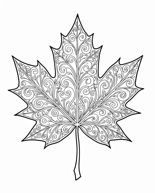 Black and white intricate line art of a maple leaf filled with swirling ornamental patterns on a plain white background