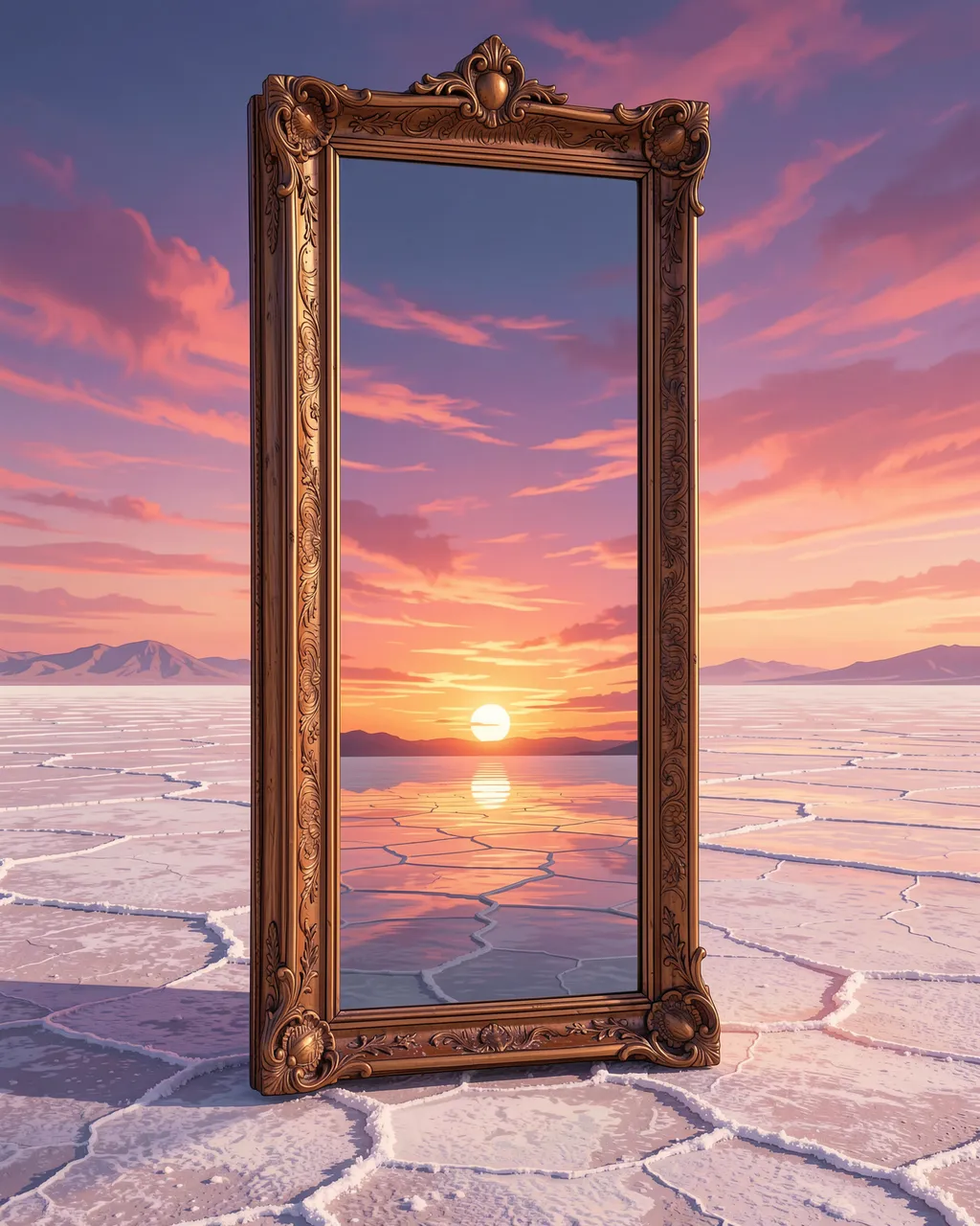 An ornate carved wooden mirror stands alone on a cracked salt flat reflecting a distinct sunset sky