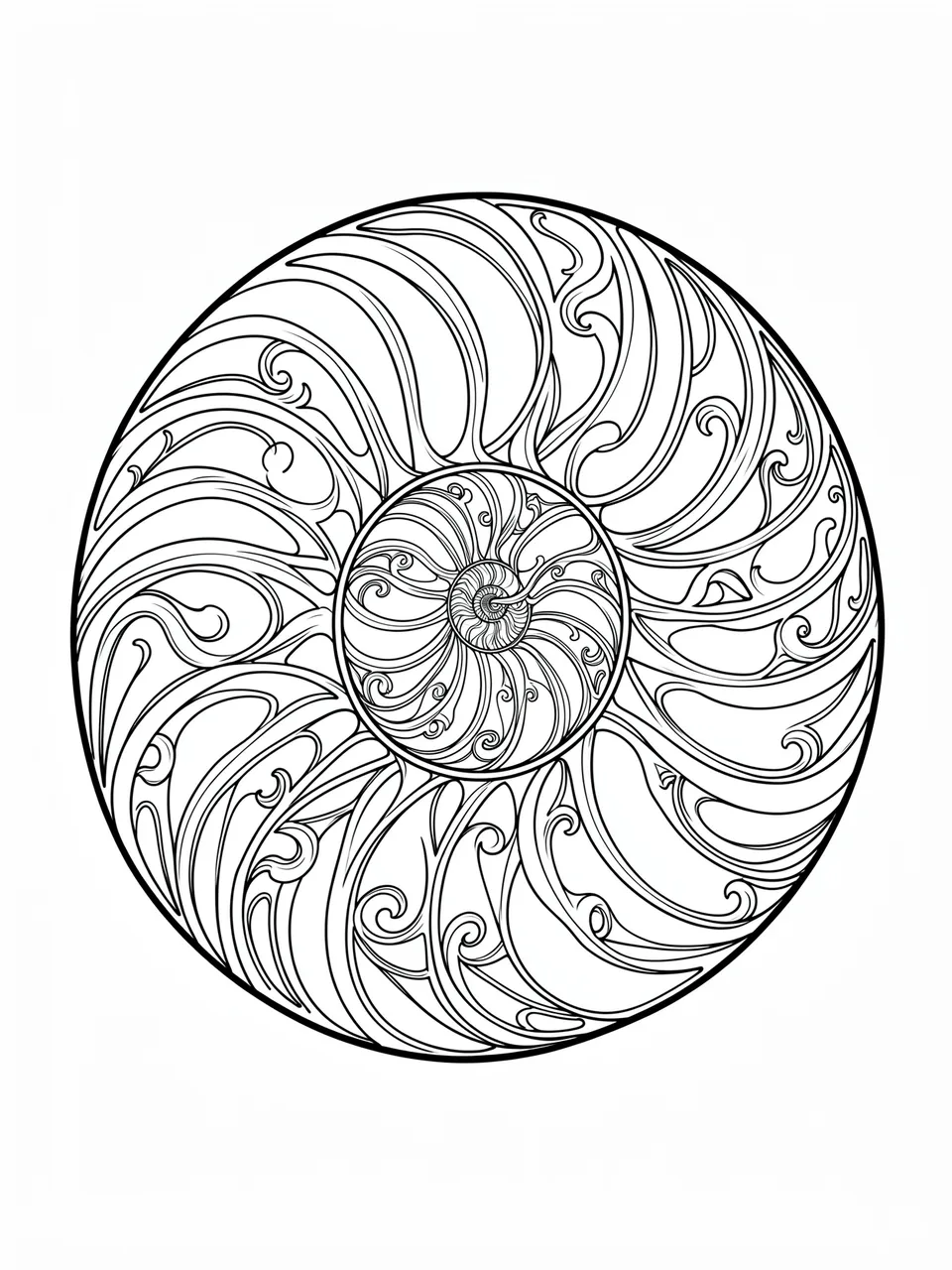 Intricate black and white line art of a swirling nautilus shell on a plain white background