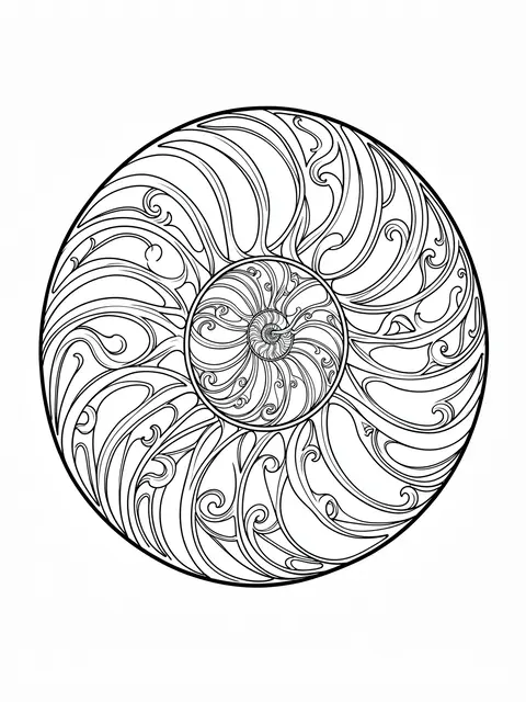 Intricate black and white line art of a swirling nautilus shell on a plain white background