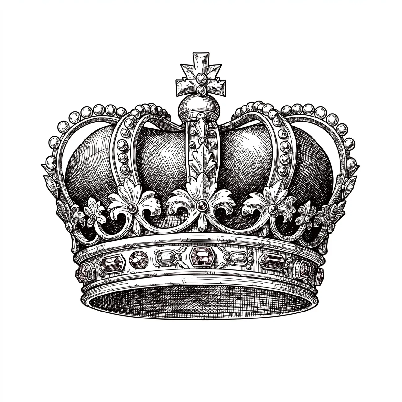 Detailed pen and ink cross-hatch drawing of an ornate jewel-adorned royal crown on a plain white background