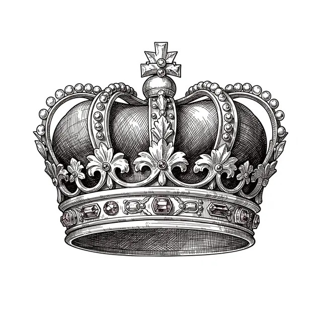 Detailed pen and ink cross-hatch drawing of an ornate jewel-adorned royal crown on a plain white background