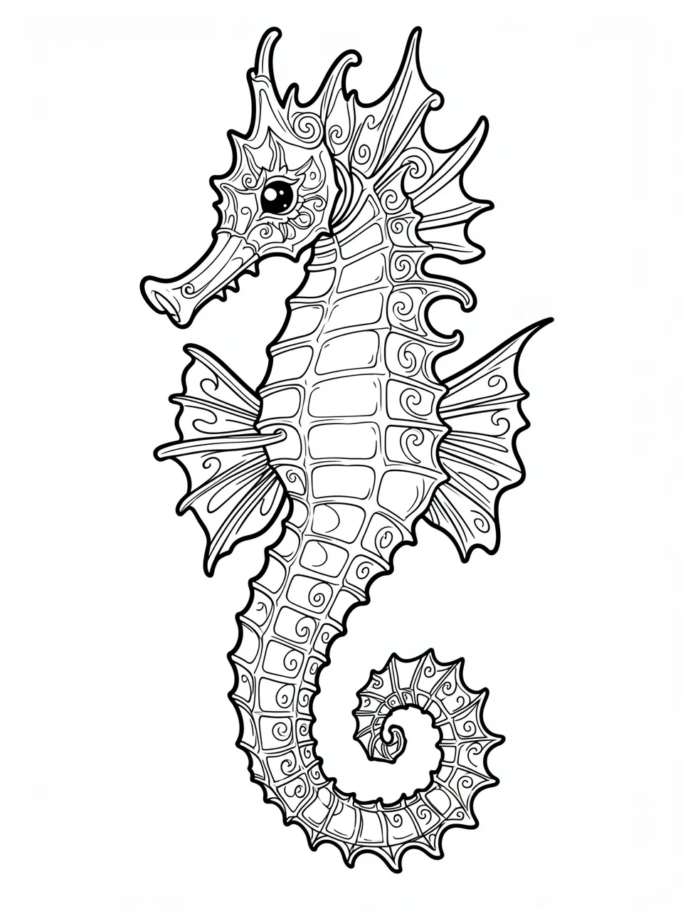 Intricate black and white line art seahorse with swirling ornate details on a plain white background
