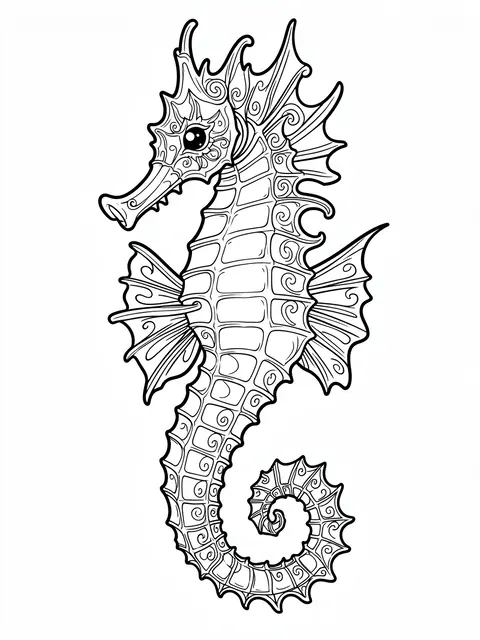 Intricate black and white line art seahorse with swirling ornate details on a plain white background