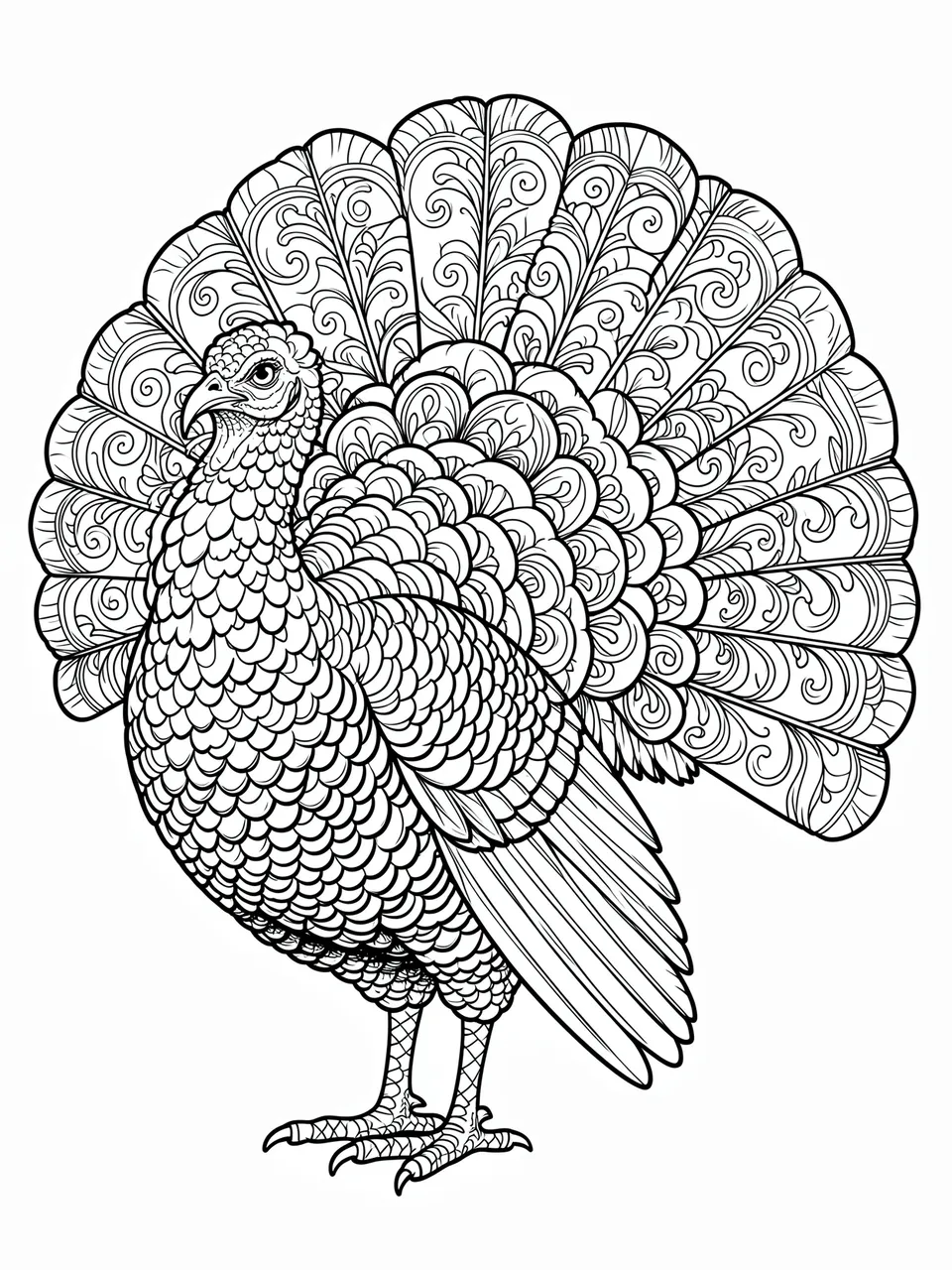 Black and white intricate line art of a turkey with decorative patterned tail feathers on a plain white background