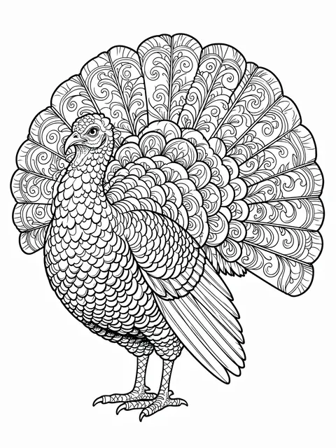 Black and white intricate line art of a turkey with decorative patterned tail feathers on a plain white background