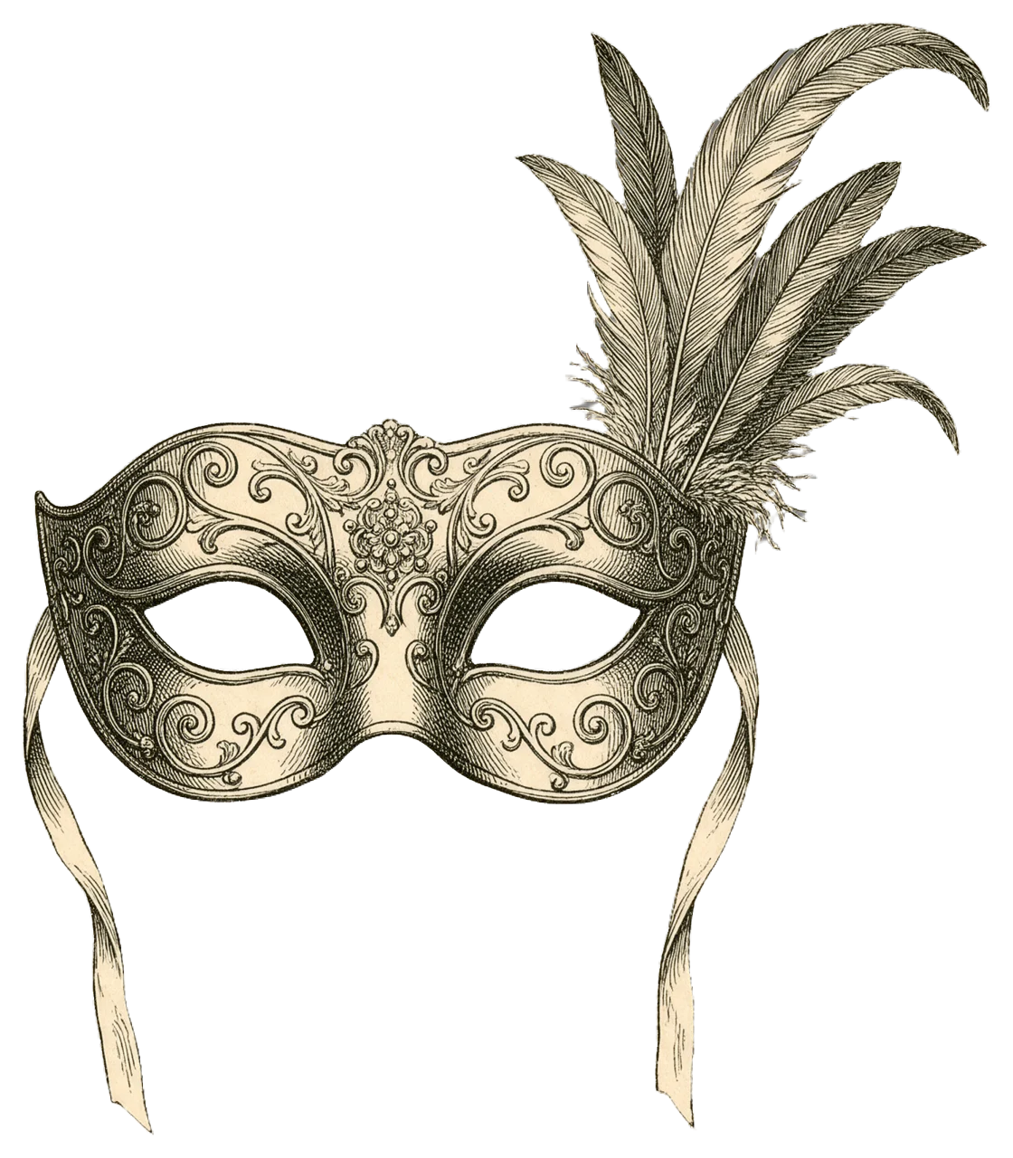 Antique engraved illustration of an ornate Venetian eye mask with feathers and hanging ribbons