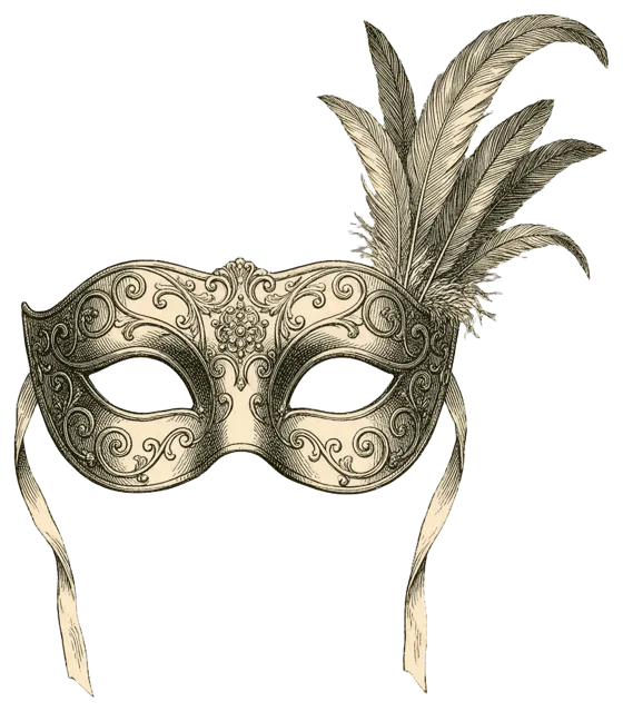Antique engraved illustration of an ornate Venetian eye mask with feathers and hanging ribbons