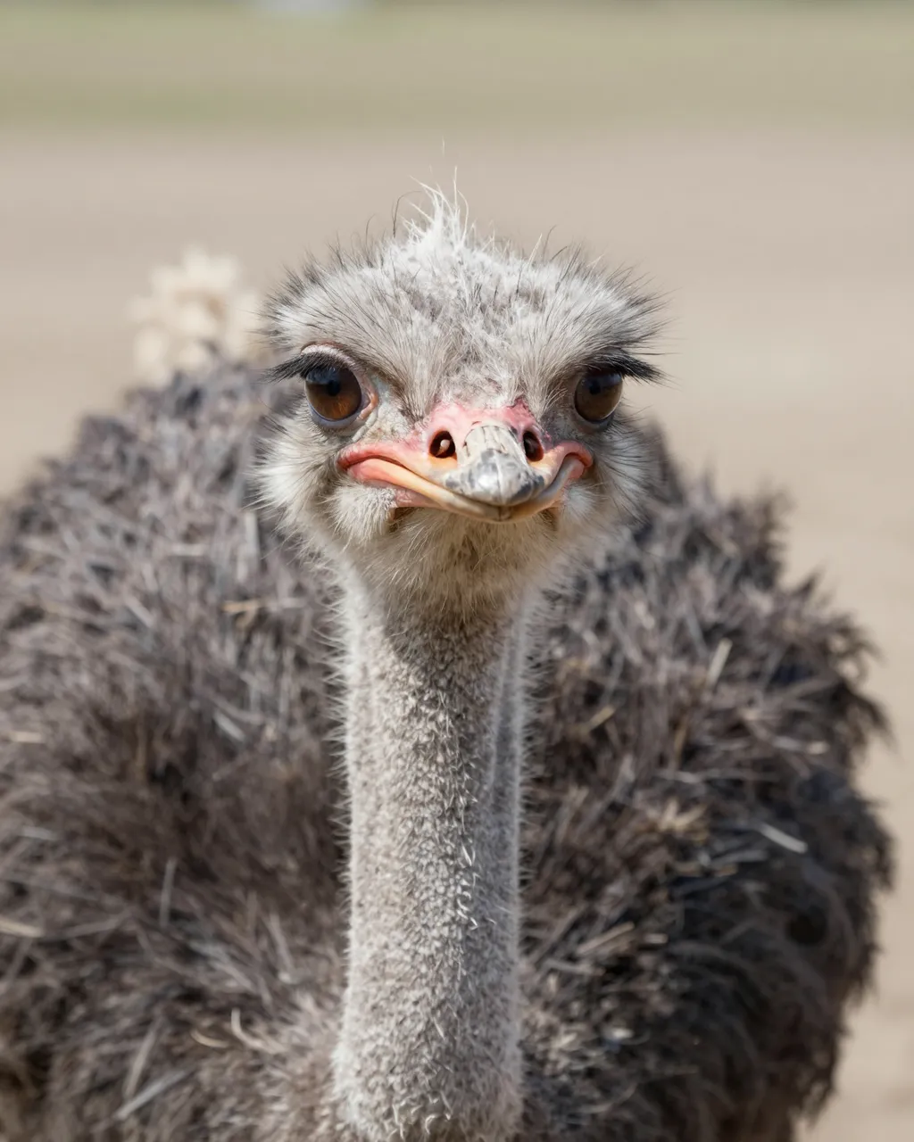 Close-up front portrait of an ostrich looking directly at the camera with large brown eyes