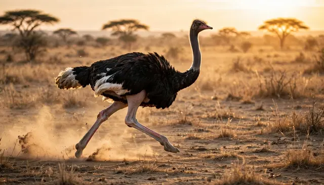An ostrich runs mid-stride across a dry savanna kicking up dust under low golden sunset light