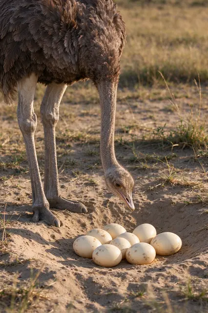 A female ostrich bends her long neck down to check her cream-colored eggs in a sandy savanna nest.
