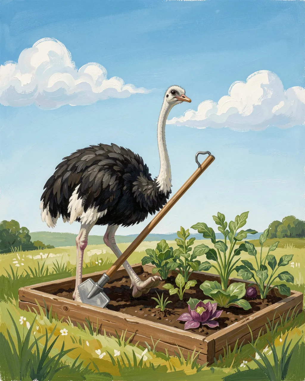A gouache painting of an ostrich standing in a raised garden bed holding a small garden hoe under a bright blue sky