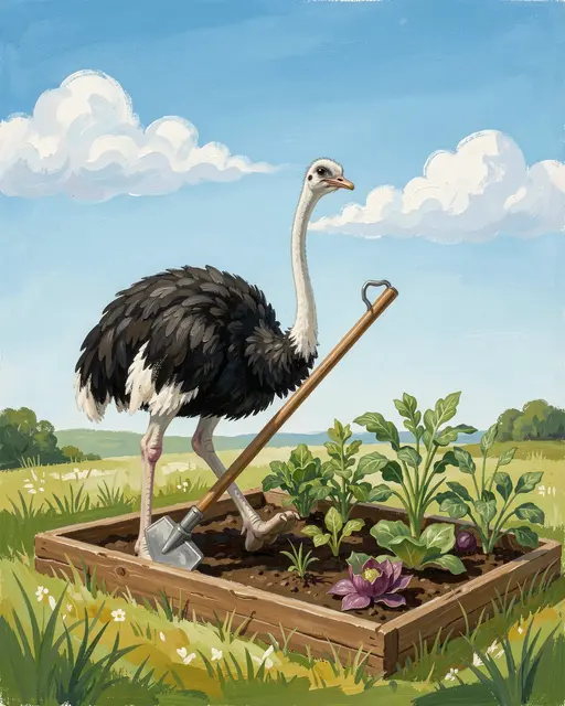 A gouache painting of an ostrich standing in a raised garden bed holding a small garden hoe under a bright blue sky