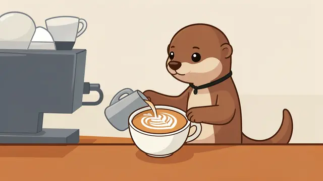 A cute cartoon otter barista pours steamed milk to create latte art in a coffee cup at a cafe counter