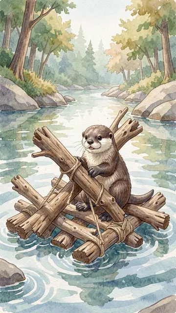 A cute watercolor otter sits on a small driftwood raft in a quiet forest river cove
