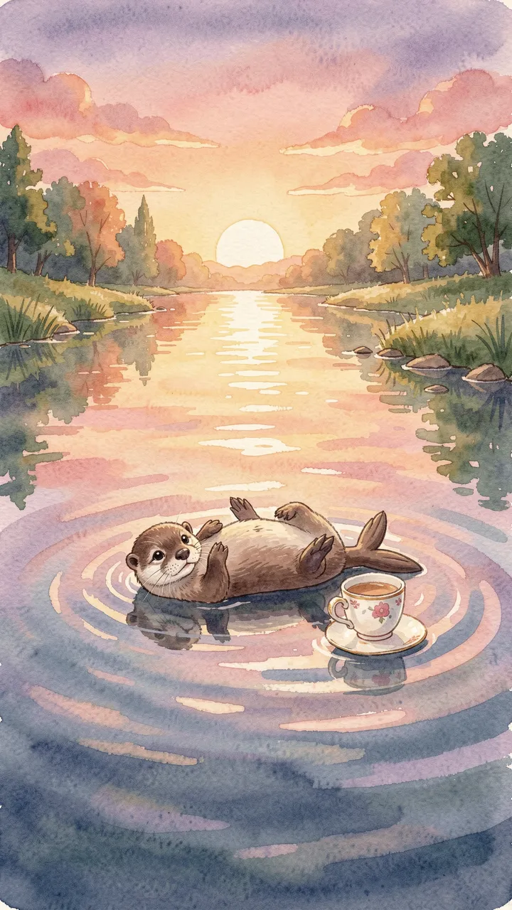 A cute otter floats on its back next to a floral teacup on a calm river at sunset