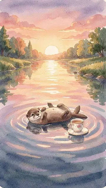 A cute otter floats on its back next to a floral teacup on a calm river at sunset
