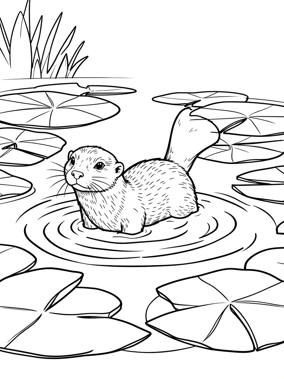 Black and white line art of an otter surfacing in a pond surrounded by lily pads