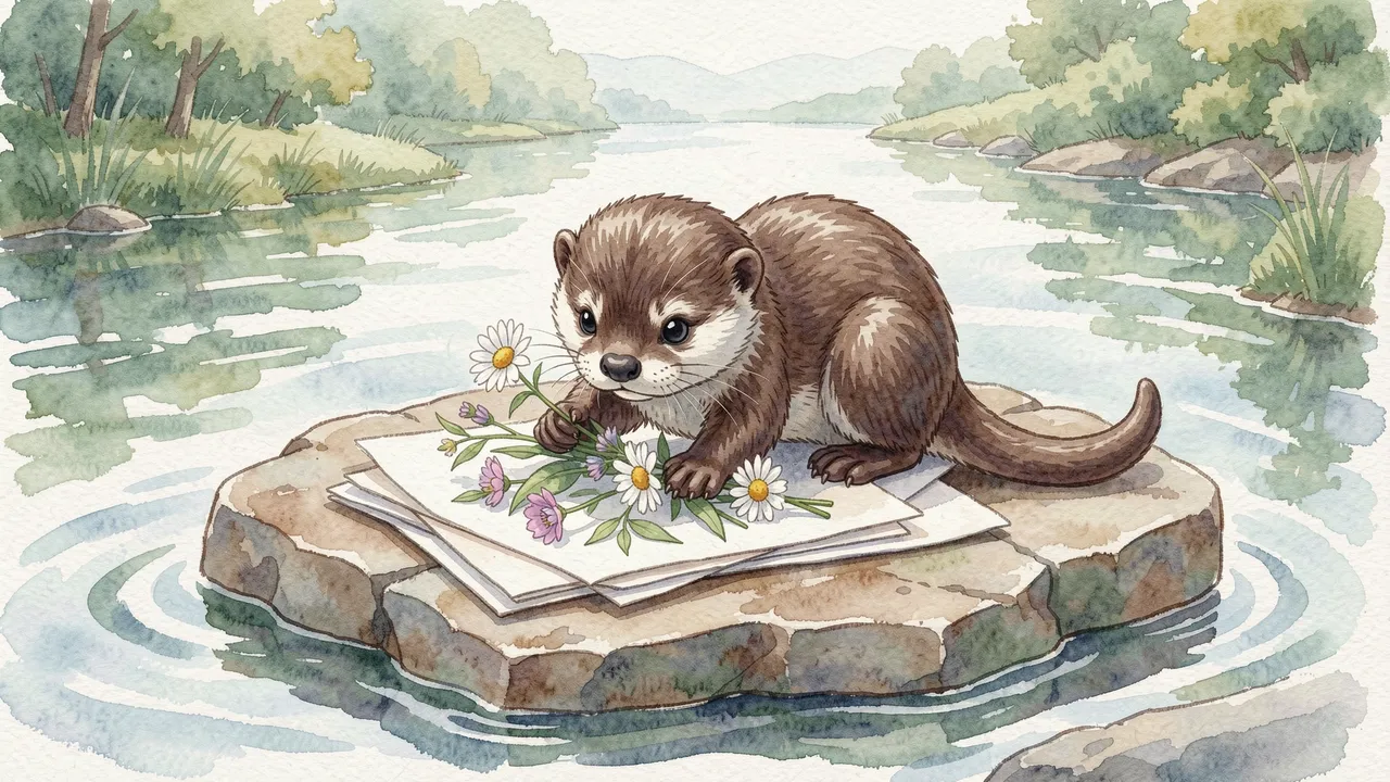 A cute watercolor otter arranges wildflowers on stacked paper atop a riverside rock