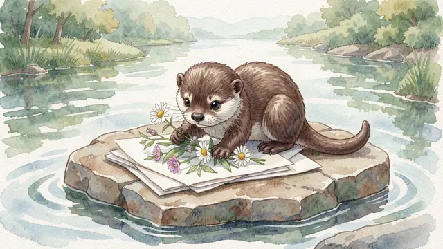 A cute watercolor otter arranges wildflowers on stacked paper atop a riverside rock