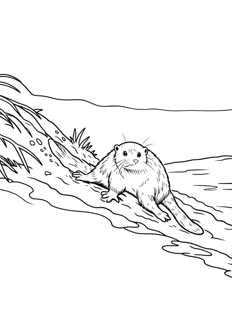 Black and white line art of a river otter sliding down a muddy bank toward water