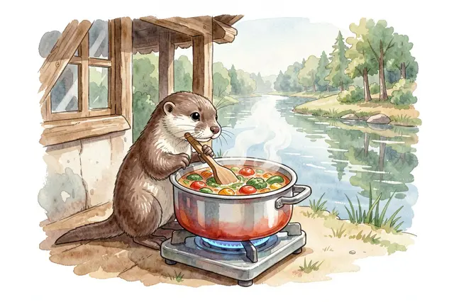 Cute watercolor otter stirs vegetable soup on a portable stove beside a riverside cabin