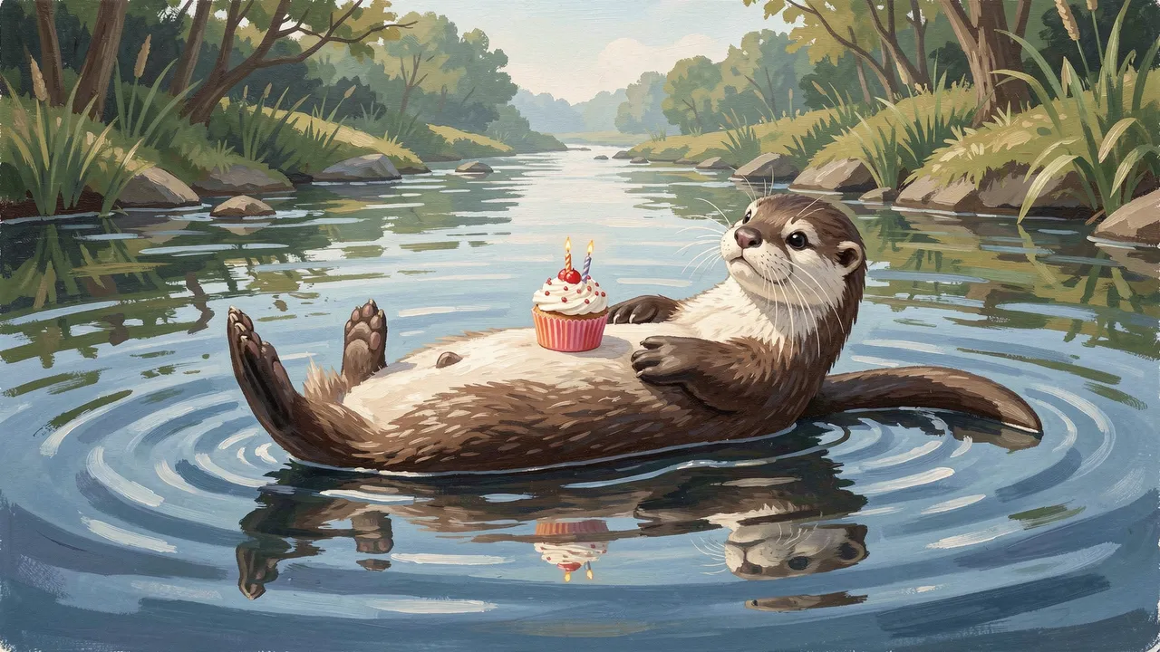 A gouache illustration of an otter floating on its back holding a tiny birthday cupcake on its belly in a calm tree-lined