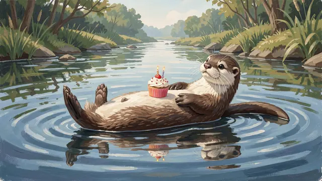 A gouache illustration of an otter floating on its back holding a tiny birthday cupcake on its belly in a calm tree-lined