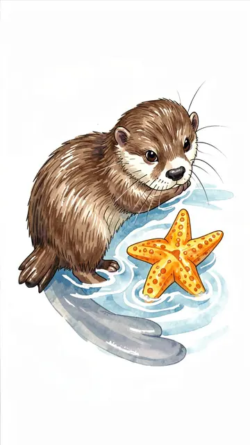 Cute illustrated otter sits in shallow water beside a bright orange starfish