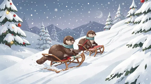 Two otters wearing knit scarves sled down a snowy, tree-lined Christmas hill as snow falls