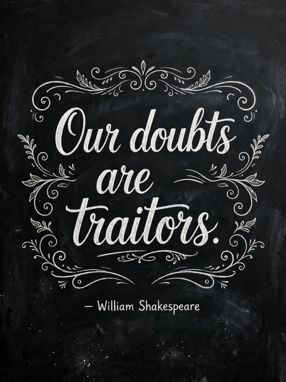 White chalk lettering of the quote 'Our doubts are traitors.' with flourishes on a dark chalkboard
