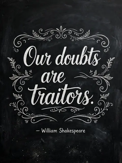 White chalk lettering of the quote 'Our doubts are traitors.' with flourishes on a dark chalkboard