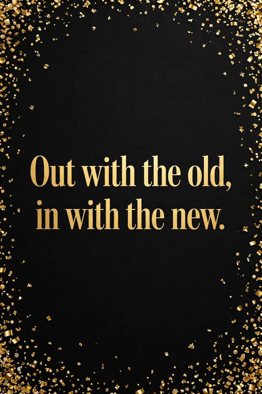 Gold serif text reading "Out with the old, in with the new." sits on a black background framed by scattered gold confetti