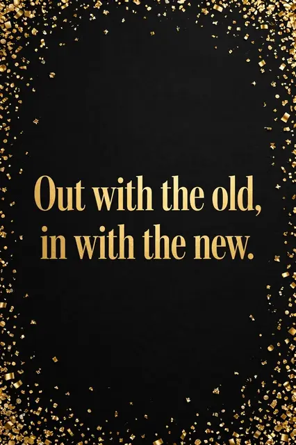 Gold serif text reading "Out with the old, in with the new." sits on a black background framed by scattered gold confetti