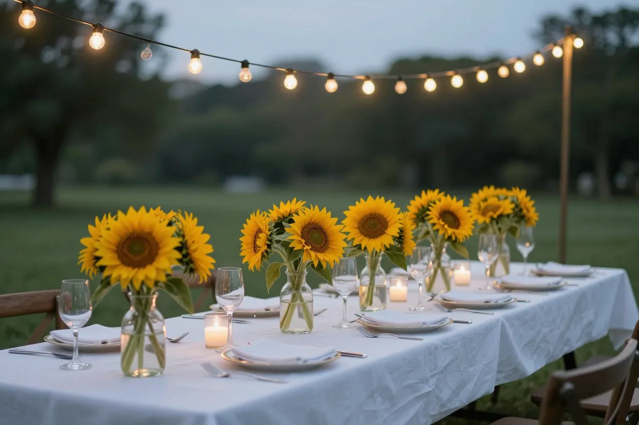 Long set outdoor dining table with sunflower vases and string lights at dusk in a grassy park